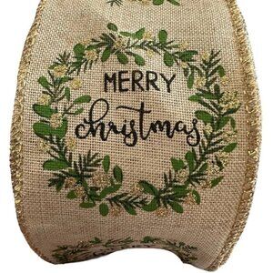 2.5” Natural Merry Christmas Wired Ribbon with Green & Gold Holiday Leaf Wreath